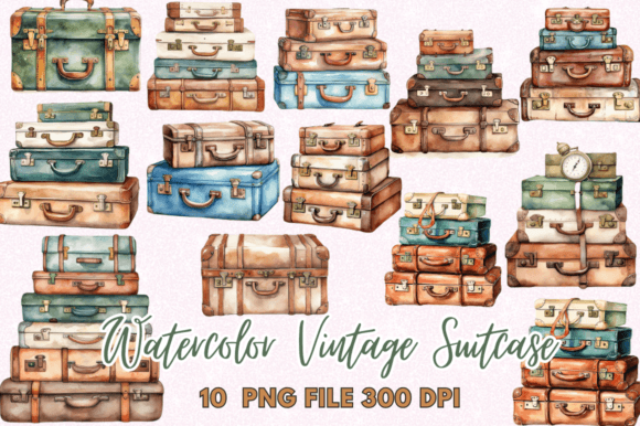 Download Vintage Suitcase Watercolor Clipart - Suitcase watercolor Collection