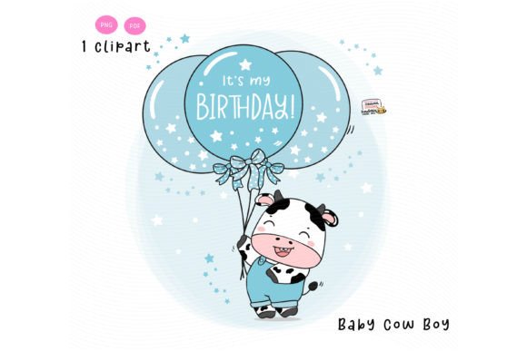 Download Cute Baby Cow Birthday with Balloons Png - Cute Collection