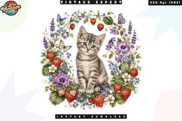 Download Cute Kitten Strawberry Floral Wreath PNG - Cute Collection